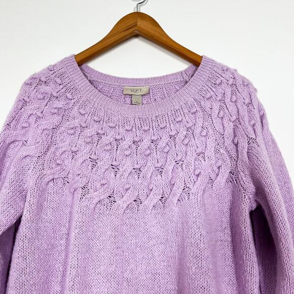 LOFT Wool Blend Pullover Pastel Purple Cable Knit‎ Sweater Sz XL Lilac Crew Neck - Picture 3 of 9